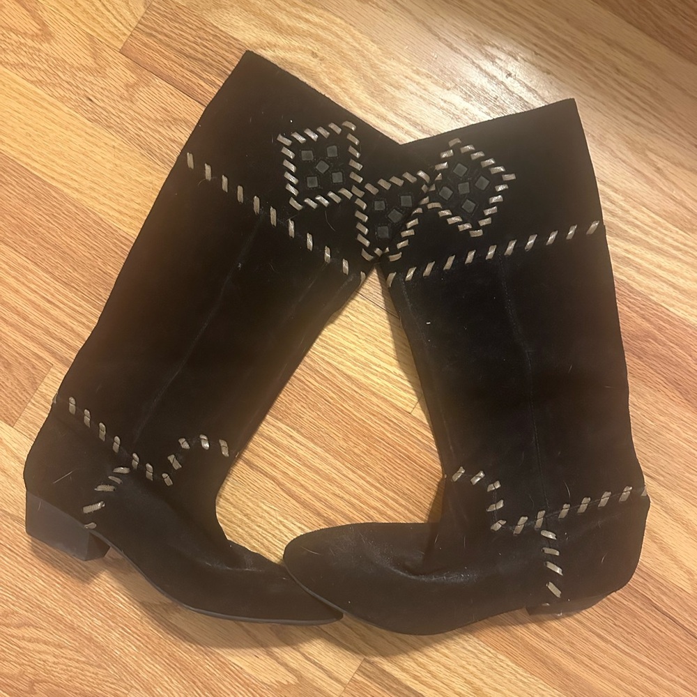 Black Suede Embroidered Knee-High Boots
